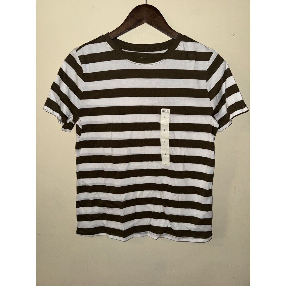 NWT a.n.a Short Sleeve Striped T-Shirt Brown White Crew Neck Sz S 100% Cotton
